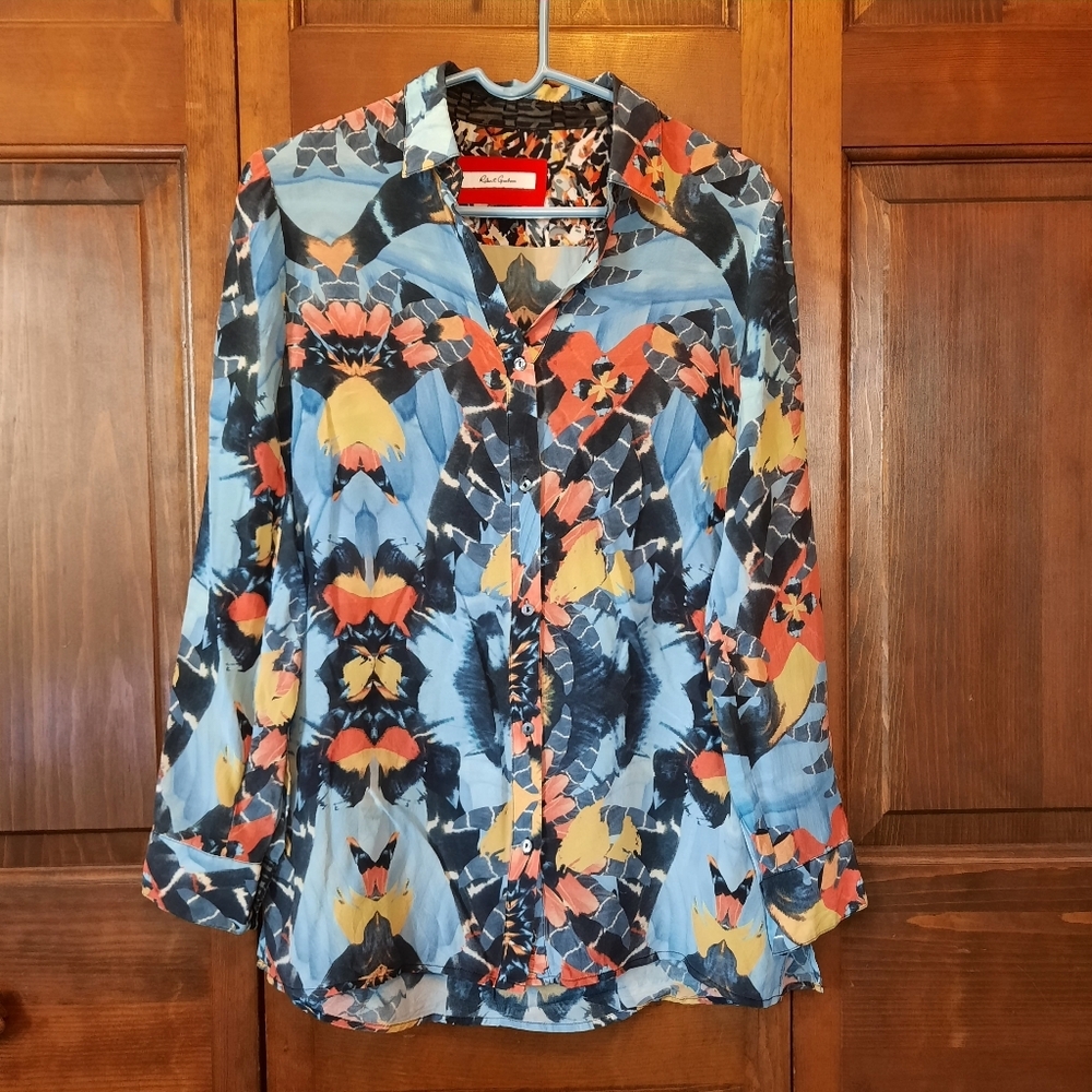 Robert Graham 100% Silk Abstract Floral Tie Dye Print Button Up Blouse Size S